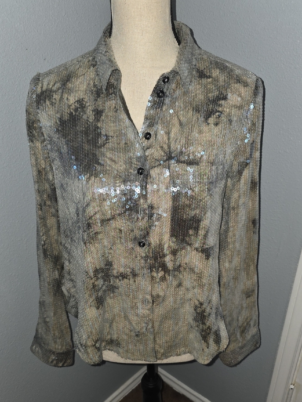 Pilcro Olive-Taupe Tie-Dye Sequin Button-Down Shirt